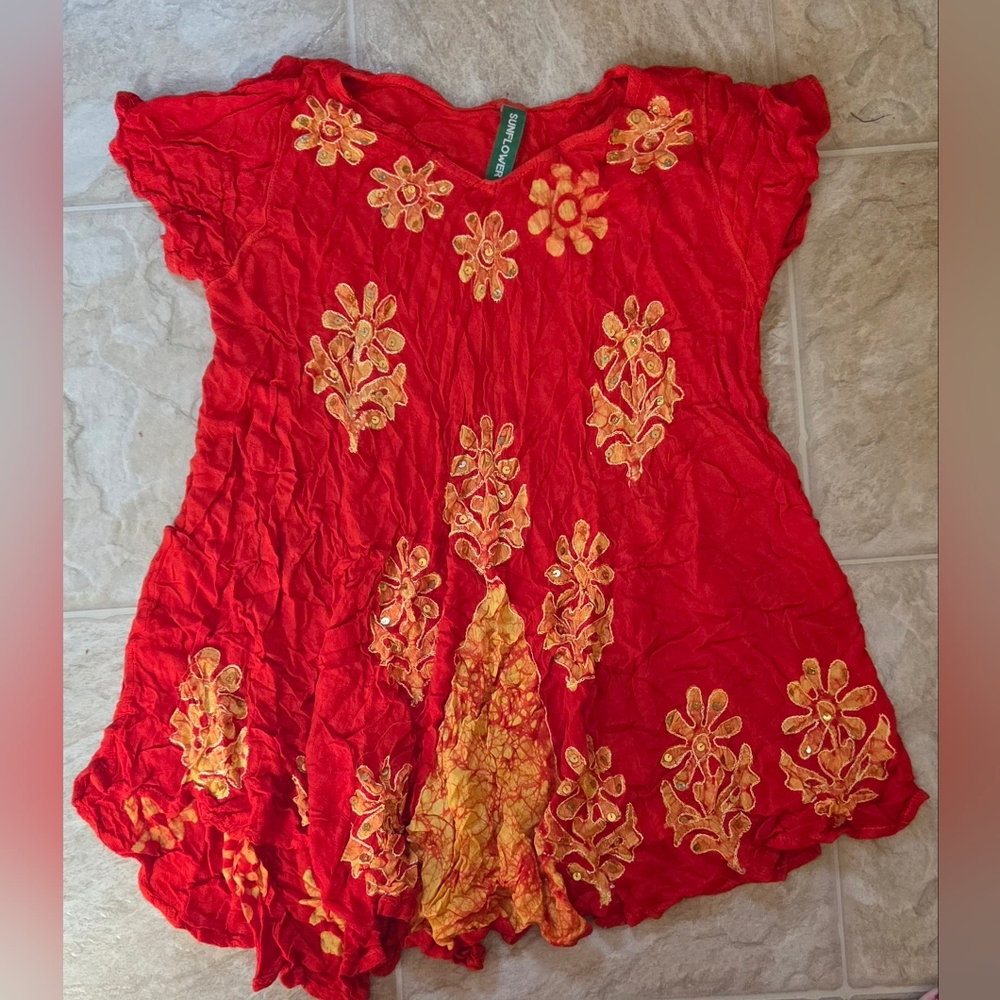 Red and Gold Flutter Sleeve Ruffled Blouse
